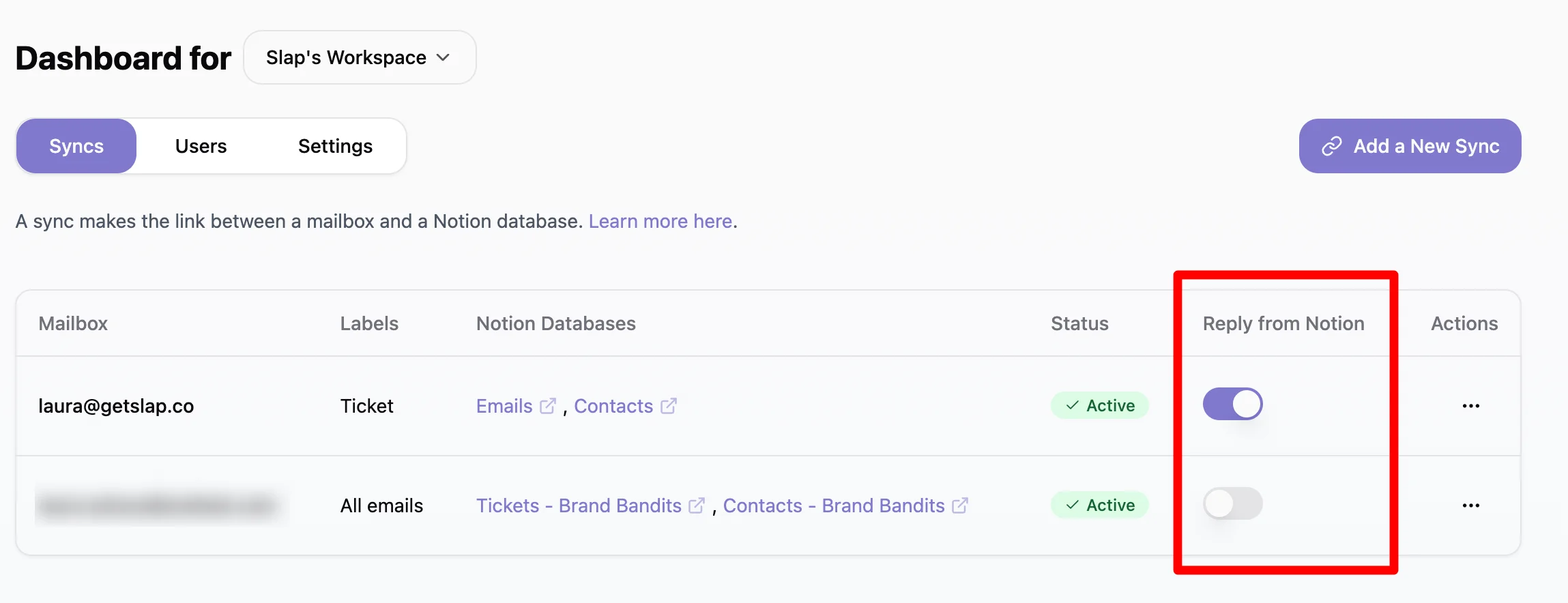SlapMail syncs list - enable reply from Notion feature per sync