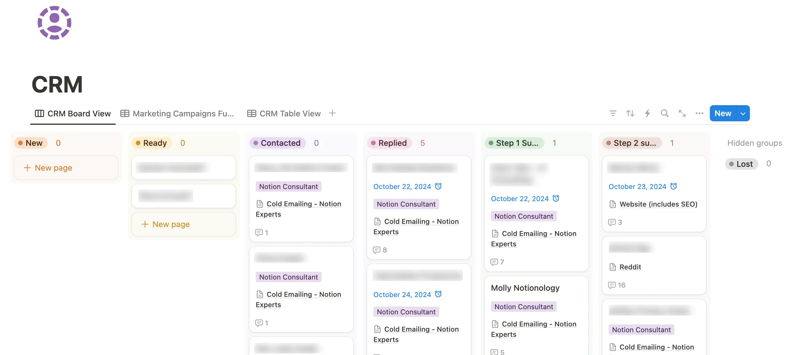 Screenshot of a notion board view representing a sales funnel