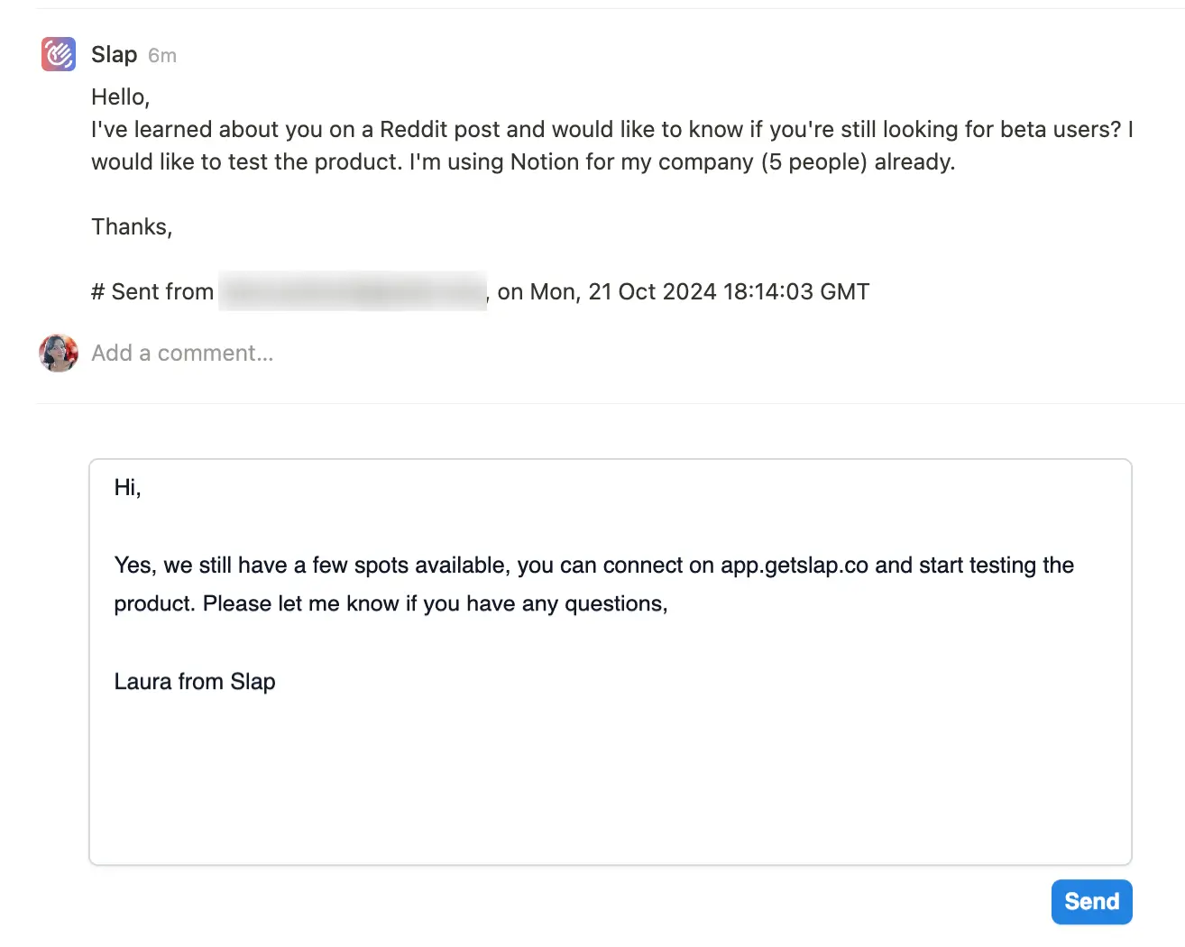 Screenshot of a reply being written in Notion