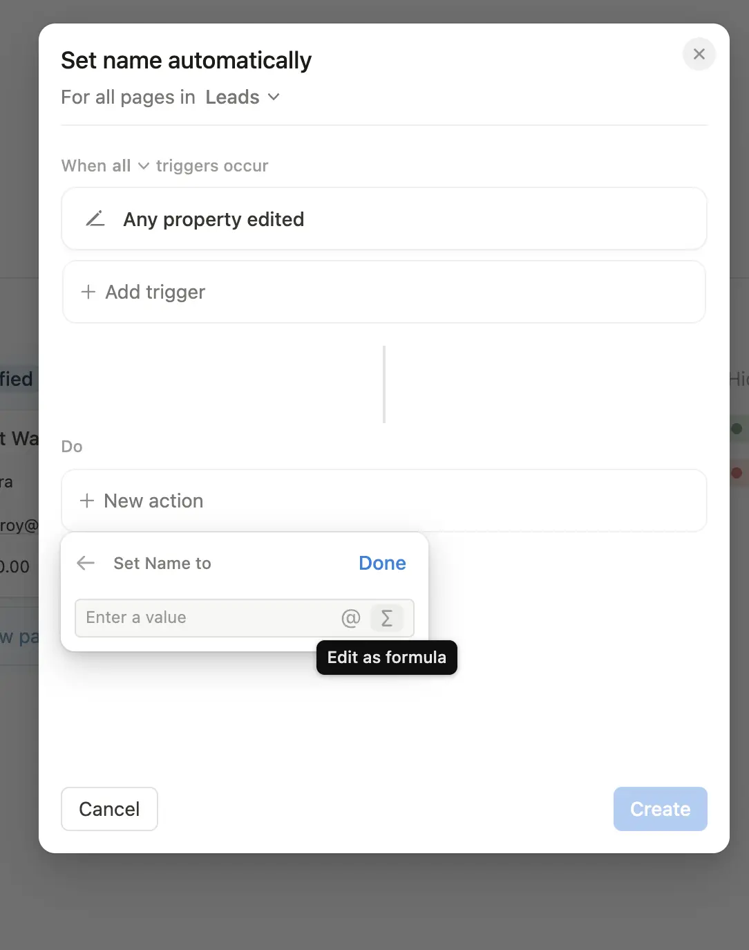 Screenshot of Notion automation to set name automatically when any property is edited.