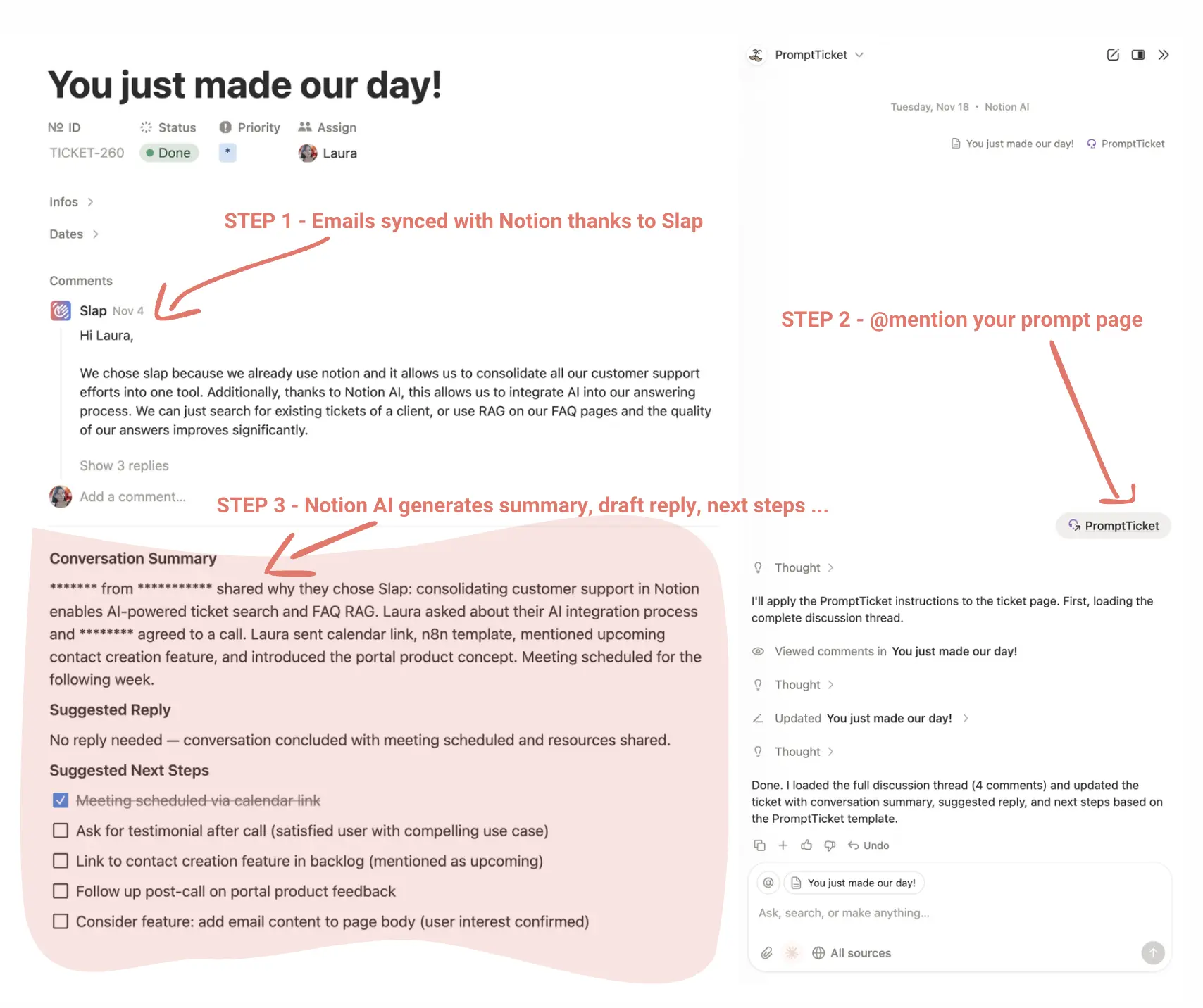 Notion AI drafting a reply based on ticket context